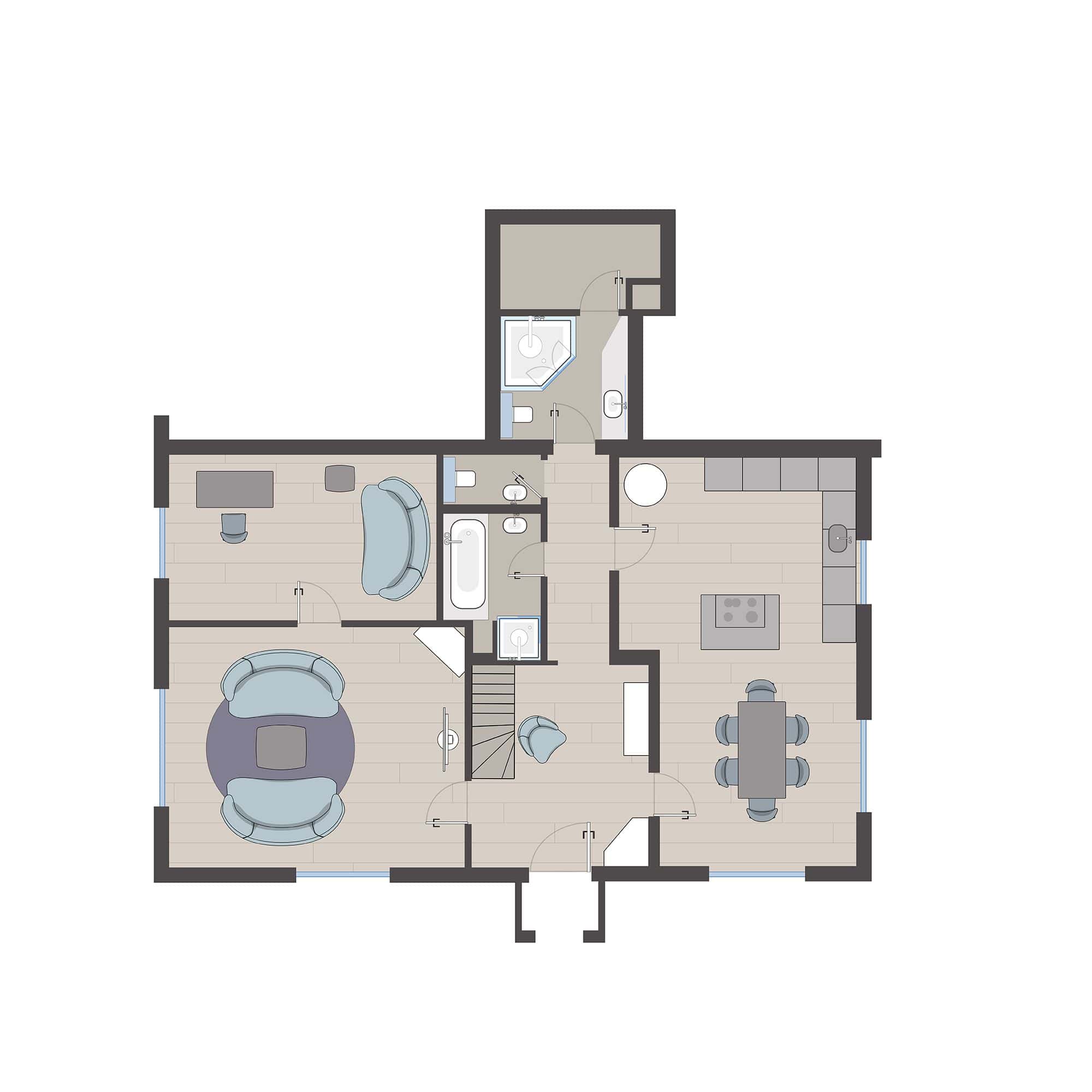 Grundriss Erdgeschoss Ferienhaus Fährhüs mit Wohnzimmer, Arbeitszimmer, Wohnküche und zwei Bädern