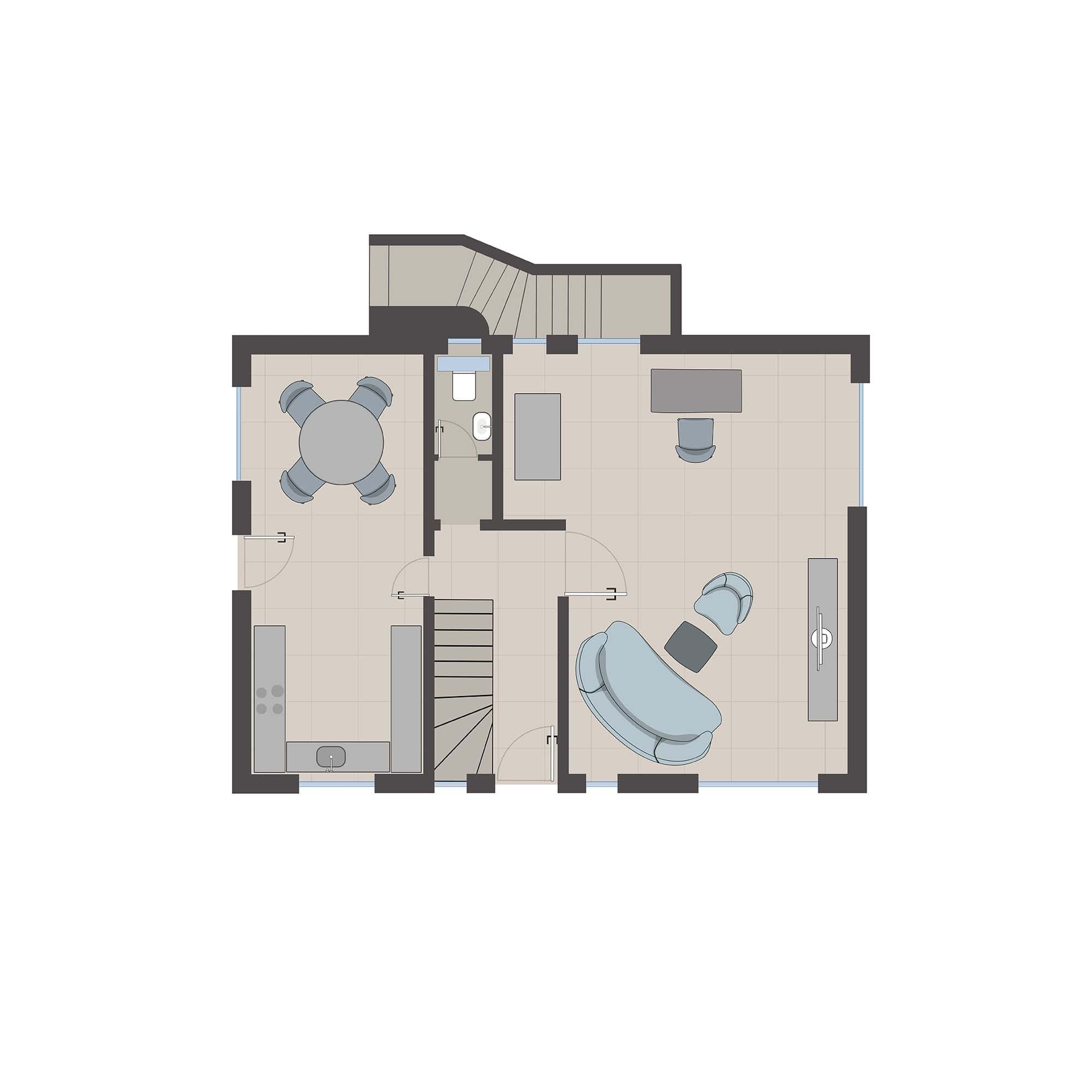 Grundriss Erdgeschoss Ferienhaus Lochterbarig mit Küche, Essplatz und Wohnbereich